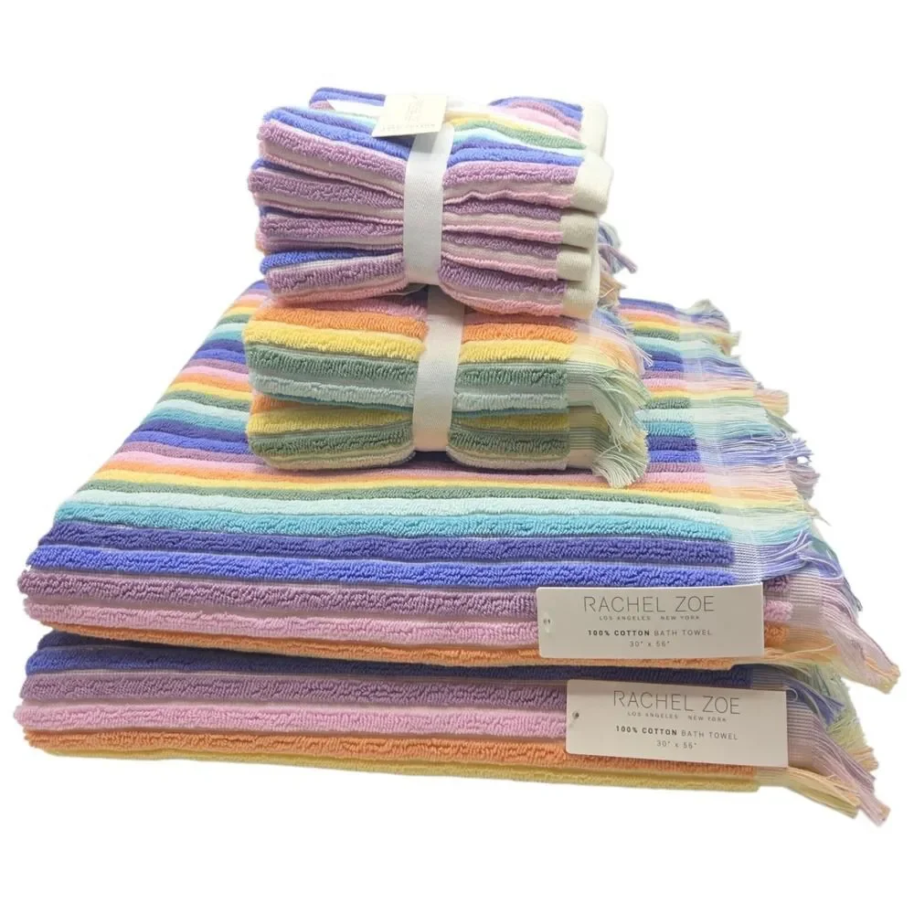 Rachel Zoe 8pc Rainbow Striped Fringe Cotton Towel Set 2 Bath 4Wash 2Hand Multi